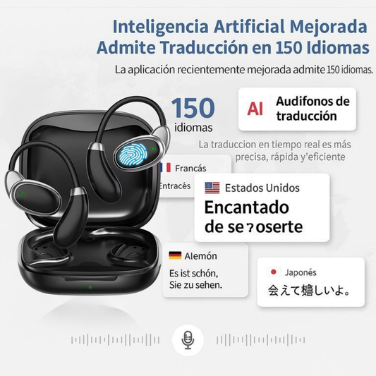 Audífonos INALAMBRICOS IA TRADUCCIÓN Habla 150 idiomas en segundos — sin Wi-Fi, sin aplicaciones complicadas, sin estrés.