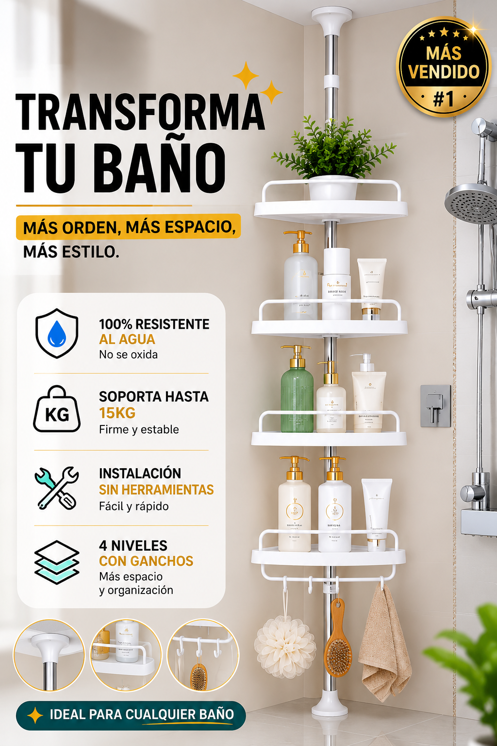 Transforma tu baño, más orden, más espacio, más estilo / Esquinero Organizador De Baño Ajustable