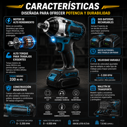 🔧 Llave de Impacto Inalámbrica con 2 Baterías | Potencia Profesional para Todo Tipo de Trabajos