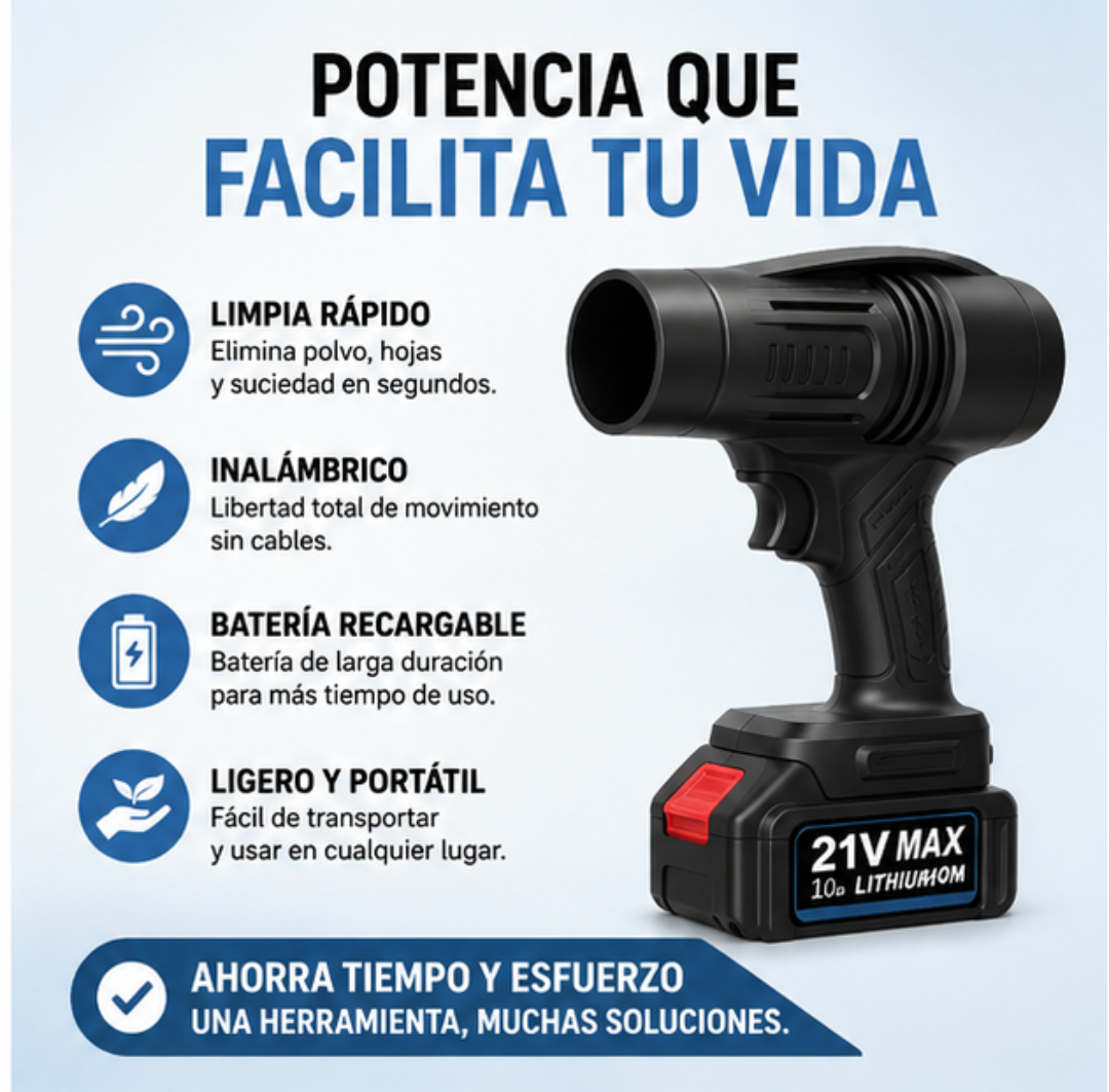 Soplador Inalámbrico Portátil 21V | Limpieza Potente en Cualquier Lugar + ENVIO GRATIS ⭐⭐⭐⭐⭐