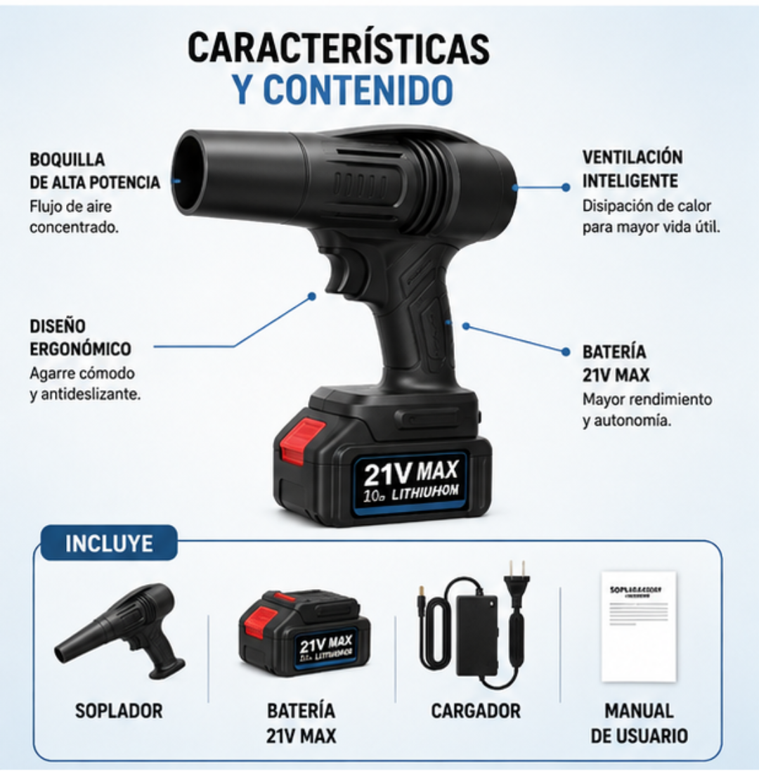 Soplador Inalámbrico Portátil 21V | Limpieza Potente en Cualquier Lugar + ENVIO GRATIS ⭐⭐⭐⭐⭐