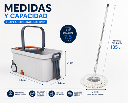 Trapeador Giratorio 360° con Balde / Higiene y limpieza rápida