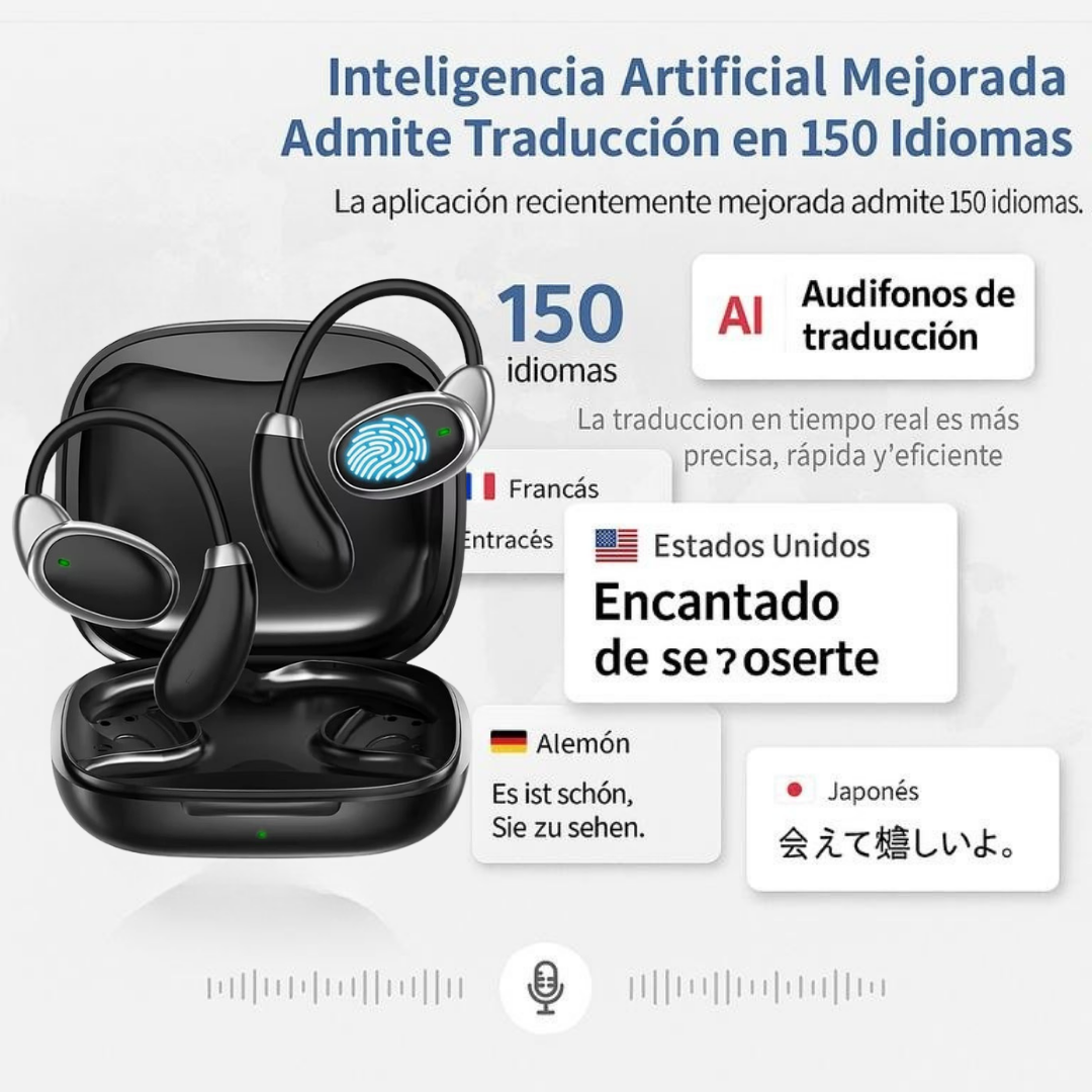 Audífonos INALAMBRICOS IA TRADUCCIÓN Habla 150 idiomas en segundos — sin Wi-Fi, sin aplicaciones complicadas, sin estrés.