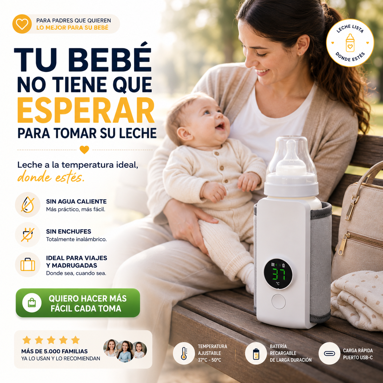 🍼 Leche Lista Donde Estés | Calentador Portátil e Inalámbrico para Biberón