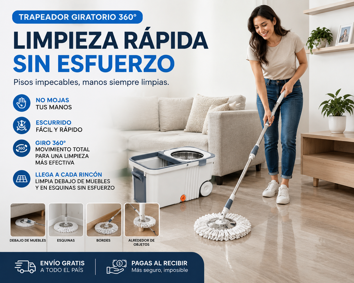 Trapeador Giratorio 360° con Balde / Higiene y limpieza rápida