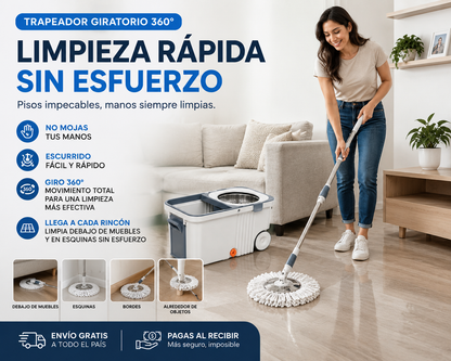 Trapeador Giratorio 360° con Balde / Higiene y limpieza rápida