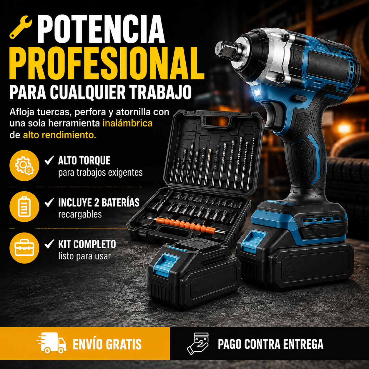 🔧 Llave de Impacto Inalámbrica con 2 Baterías | Potencia Profesional para Todo Tipo de Trabajos