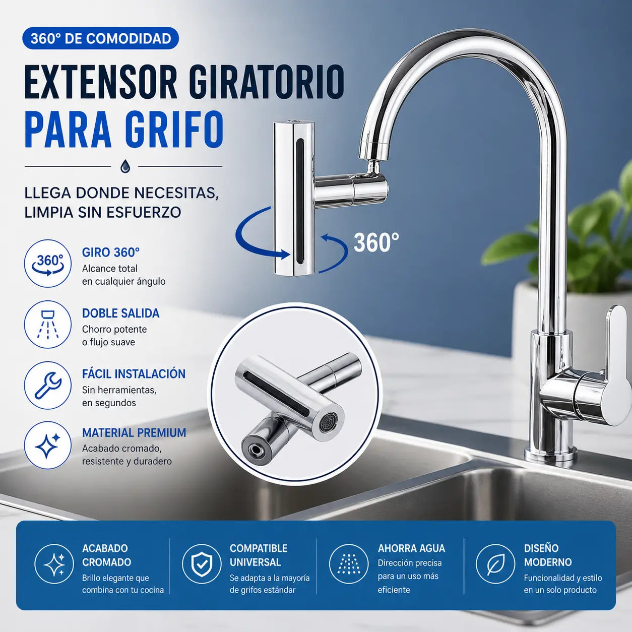 Extensor Giratorio 360° para Grifo | Limpia Cada Rincón de tu Fregadero en Segundos